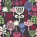 Seamless pattern with colorful flowers drawn in scandinavian retro style.