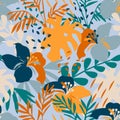 Seamless pattern with colorful flowers and leafs. Floral tropical design for fabric, wallpaper, interior, surface decoration Royalty Free Stock Photo