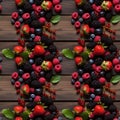 Seamless pattern with colorful fresh berries on brown wooden background. Advertisement for market, farmer or vegan concept. Copy