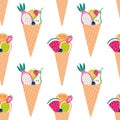 Seamless pattern of colorful fruit cones with sliced fruit