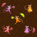 Seamless pattern with colorful funny mice on dark floral background. Tapestry for baby, carpet, print for fabric