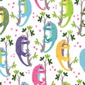 Seamless pattern with colorful geckos hanging on the branches