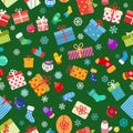 Seamless pattern of colorful gift boxes, socks and mittens Royalty Free Stock Photo