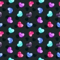 Seamless pattern with colorful glossy diamond hearts on the black background.