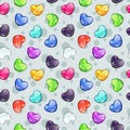 Seamless pattern with colorful glossy diamond hearts.