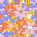 Seamless pattern with colorful groovy hippy flowers . 70s, 80s, 90s vibes polka dot texture. Abstract daisy and camomile