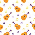 Seamless pattern, colorful guitars and musical notes on a white background, purple and orange colors. Geometric design