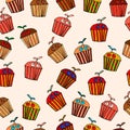 Seamless pattern with colorful hand-drawn cupcakes, isolated. Vector doodle