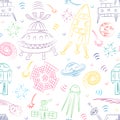 Seamless Pattern of Colorful Hand Drawn Doodle Spaceships, Rockets, Falling Stars, Planets and Comets . Sketch Style. Royalty Free Stock Photo
