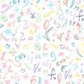 Seamless Pattern of Colorful Hand Drawn Doodle Symbols and Numbers. Scribble Mathematics Signs.