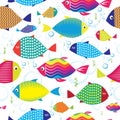 Seamless pattern of colorful hand drawn fishes