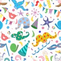 Seamless Pattern of Colorful Hand Drawn Party Symbols. Children Drawings of Party Elements Isolated on White. Royalty Free Stock Photo