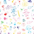 Seamless Pattern of Colorful Hand Drawn Set of Valentine`s Day Symbols. Children`s Cute Drawings of Hearts, Gifts, Rings, Balloons Royalty Free Stock Photo