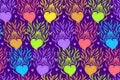 Seamless pattern with colorful hearts. Cute handmade illustration. Fire hearts. Flame heart. Seamless backdrop for arts,