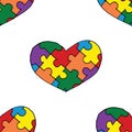 Seamless pattern with colorful hearts made of jiasaw puzzle pieces. Hand drawn vector illustration Royalty Free Stock Photo