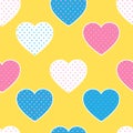 Seamless pattern with colorful hearts silhouettes on yellow back