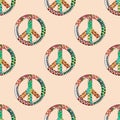 Seamless pattern with colorful hippie peace symbol in zentangle style. Royalty Free Stock Photo
