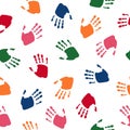 Seamless pattern with colorful human palms. Children`s handprint. Symbol of team, friendship, united, support, family. Vector. Royalty Free Stock Photo