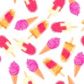 Seamless pattern with colorful ice cream cone and popsicle. Summer texture Royalty Free Stock Photo