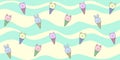 Seamless pattern with colorful ice cream cones with cute animals on a background of turquoise and yellow waves