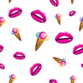 Seamless pattern with colorful ice cream and lips. Girl style abstract background.