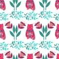 Seamless pattern colorful illustration with beautiful flowers and cats. Scandinavian style. Folk art.