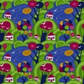 Seamless pattern with a beautiful children`s pattern of houses, lawns and lakes