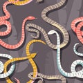 Seamless pattern with colorful intertwined striped rain forest snakes