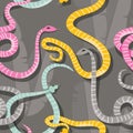 Seamless pattern with colorful intertwined striped rain forest snakes