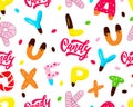 Seamless pattern of colorful isolated letters, word Candy. Vector illustration.