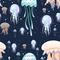 Seamless pattern. Colorful jellyfish. Tropical underwater animal. Medusa aquatic organism, cartoon style design. Flat 