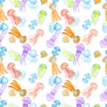 Seamless pattern with colorful jellyfish on white background. Watercolor hand drawn illustration in realistic style. Deep sea,