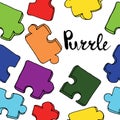 Seamless pattern with colorful jigsaw puzzle pieces and lettering on white background. Simple hand vector illustration Royalty Free Stock Photo