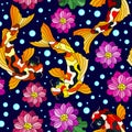 Seamless illustration with colorful koi carp fishes, Lotus flowers and bubbles on a dark blue background