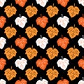 Seamless pattern of colorful leaves on a black background. Autumn leaf fall. Vector illustration great for use as a creative Royalty Free Stock Photo