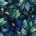 Seamless pattern with colorful leaves, pearls, and blue stones (tiled) Royalty Free Stock Photo