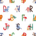 Seamless pattern with colorful letters of English alphabet and corresponding cute animals on white background. Endless
