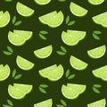 Seamless pattern, colorful lime slices and leaves on a green background. Fruit background, print, textile Royalty Free Stock Photo