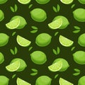 Seamless pattern, colorful limes, slices and leaves on a green background. Fruit background, print, textile Royalty Free Stock Photo