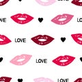 Seamless pattern with colorful lips, words love and hearts