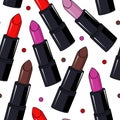 Seamless pattern with colorful lipstick. Makeup background in flat design for design textile