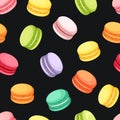 Seamless pattern with colorful macaron cookies on black. Vector illustration.