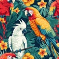Seamless pattern of colorful macaw parrots and flowers.