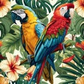 Seamless pattern of colorful macaw parrots and flowers.