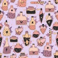 Seamless pattern with colorful magic cartoon bottles and love potions with stars.