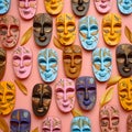 Seamless pattern with colorful masks on pink background. 3d illustration Royalty Free Stock Photo