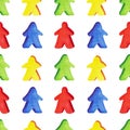 Seamless pattern with colorful meeples - elements of board games. Watercolor hand drawn illustrations