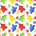 Seamless pattern with colorful meeples - elements of board games. Watercolor hand drawn illustrations