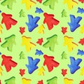 Seamless pattern with colorful meeples - elements of board games. Watercolor hand drawn illustrations on green