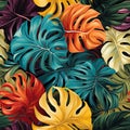 seamless pattern with colorful monstera leaves on bright hawaiian background. Tropical texture ornament for fabric and